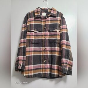 American Eagle Women's Size Medium Plaid Flannel Button Pink Gray Shacket Top